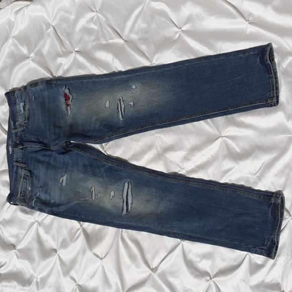Old Navy Slim Built In Tough Flex 33x32 Distressed Plaid Patchwork Blue Jeans - Picture 7 of 17